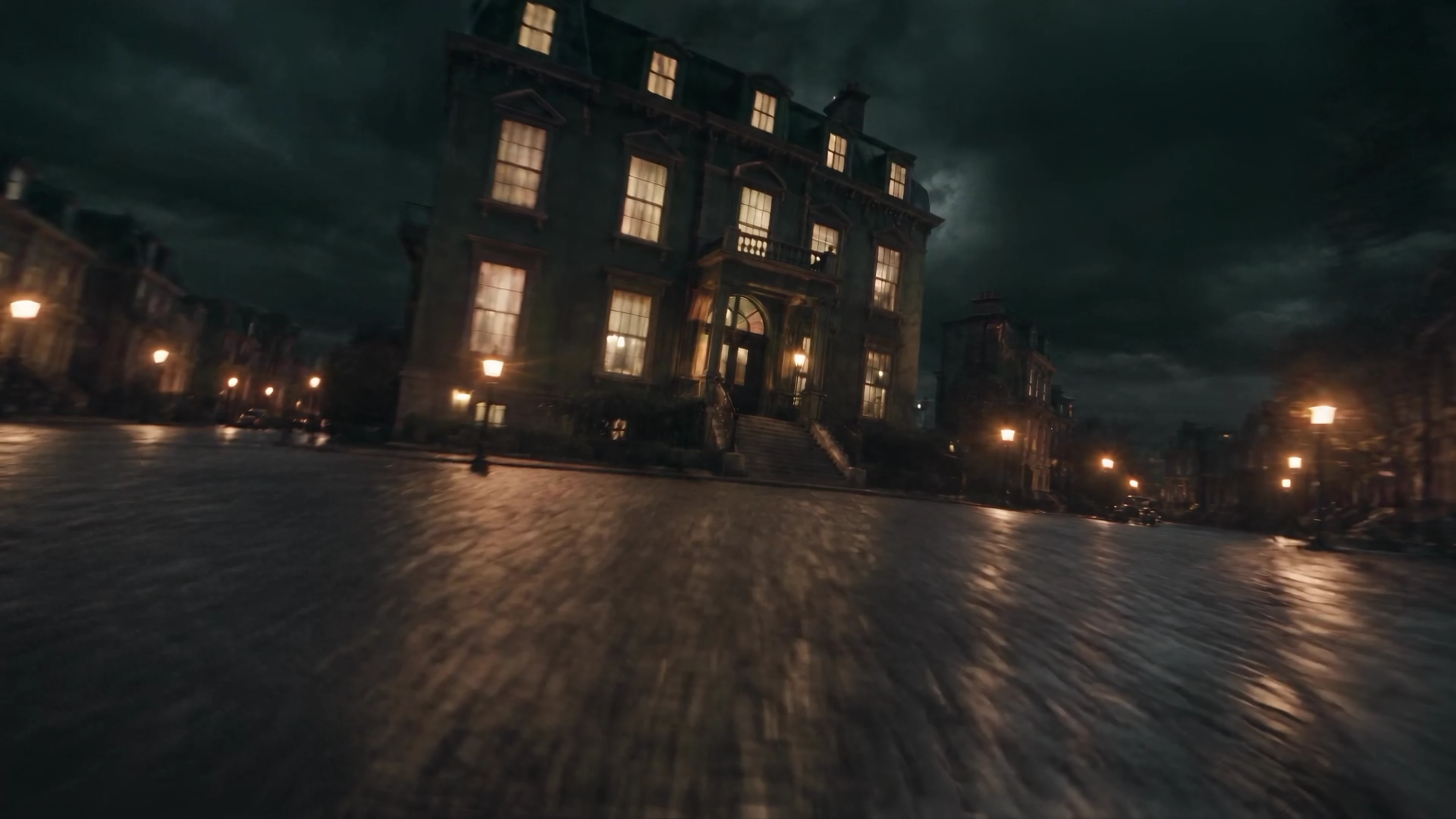 The house on Stanton Street at night, rain falling