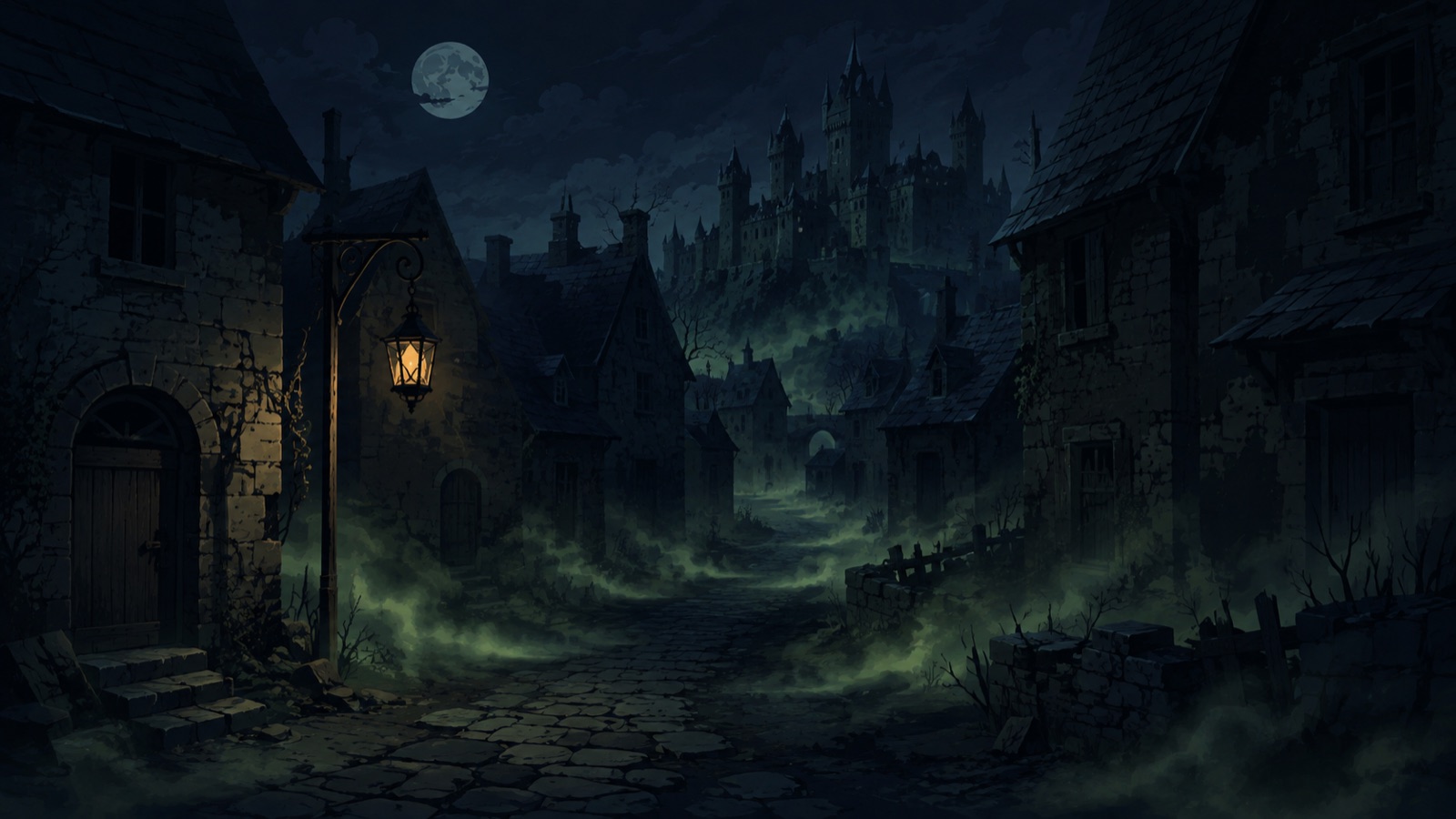 Village streets filling with green fog at night