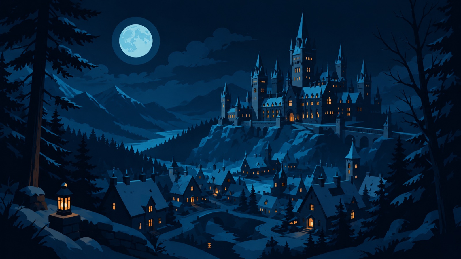 The village of Dare under a winter moon, snow falling