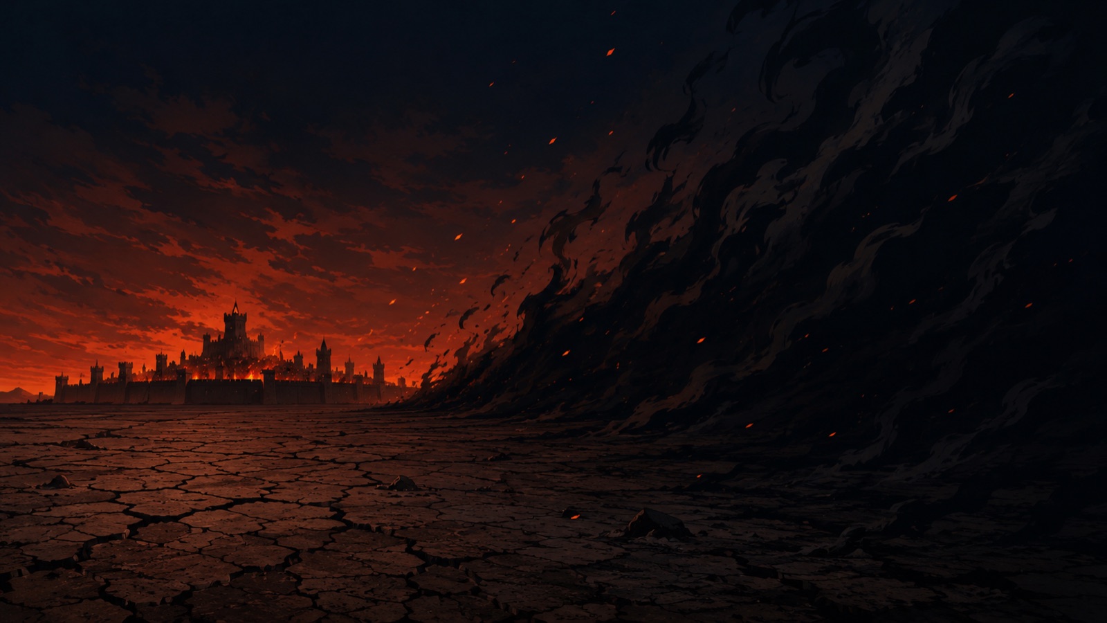 A burning city on the edge of the Wastelands, with a wall of black mist