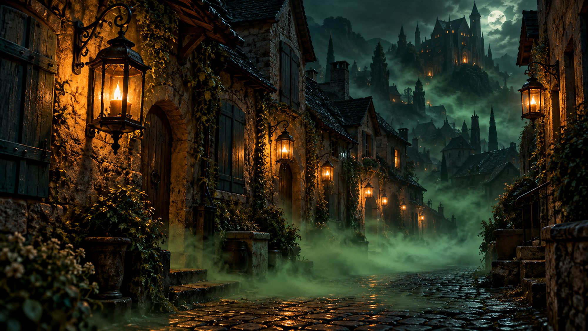 Lit lanterns hung outside stone cottages on a cobbled village street, green fog rolling along the ground