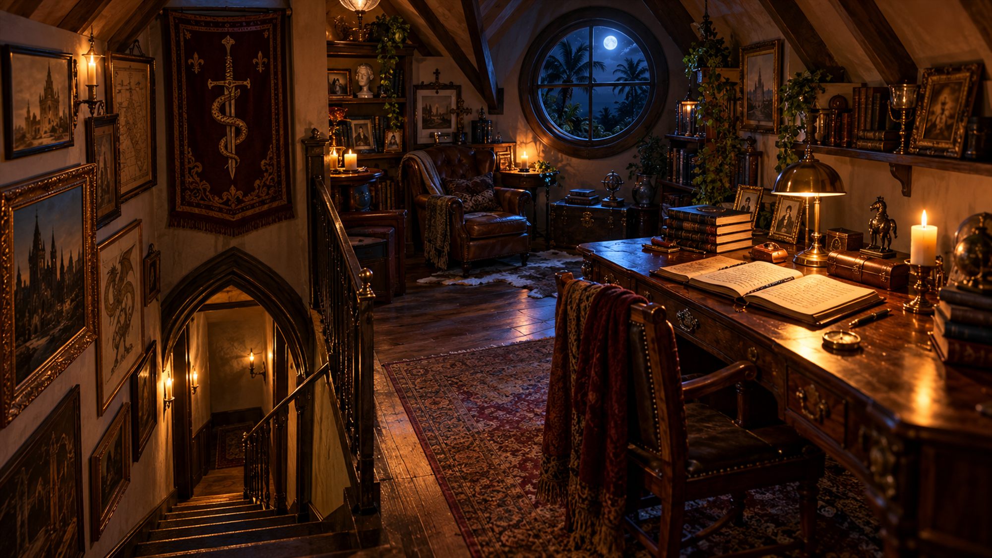 Janelle's writing room upstairs: slanted ceilings, a gothic staircase, a round window onto moonlit palm trees, and a desk with an open notebook