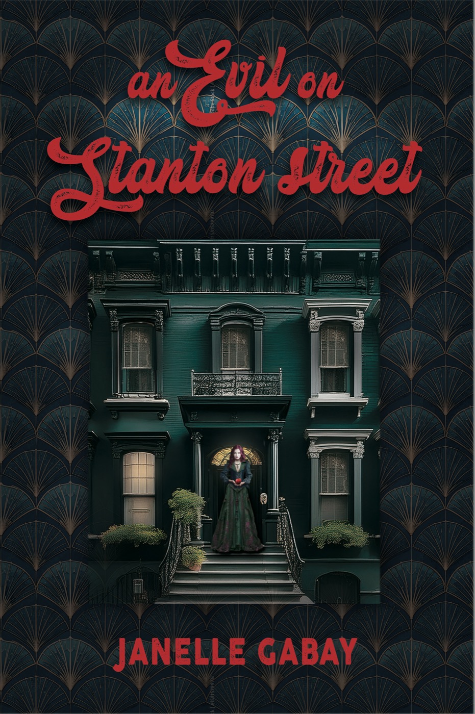 An Evil on Stanton Street book cover: a green brownstone against a dark Art Deco pattern